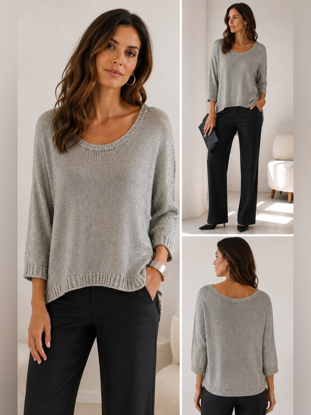 BCBGMAXAZRIA Metallic Silver Gray High Low Knit Sweater Top XL